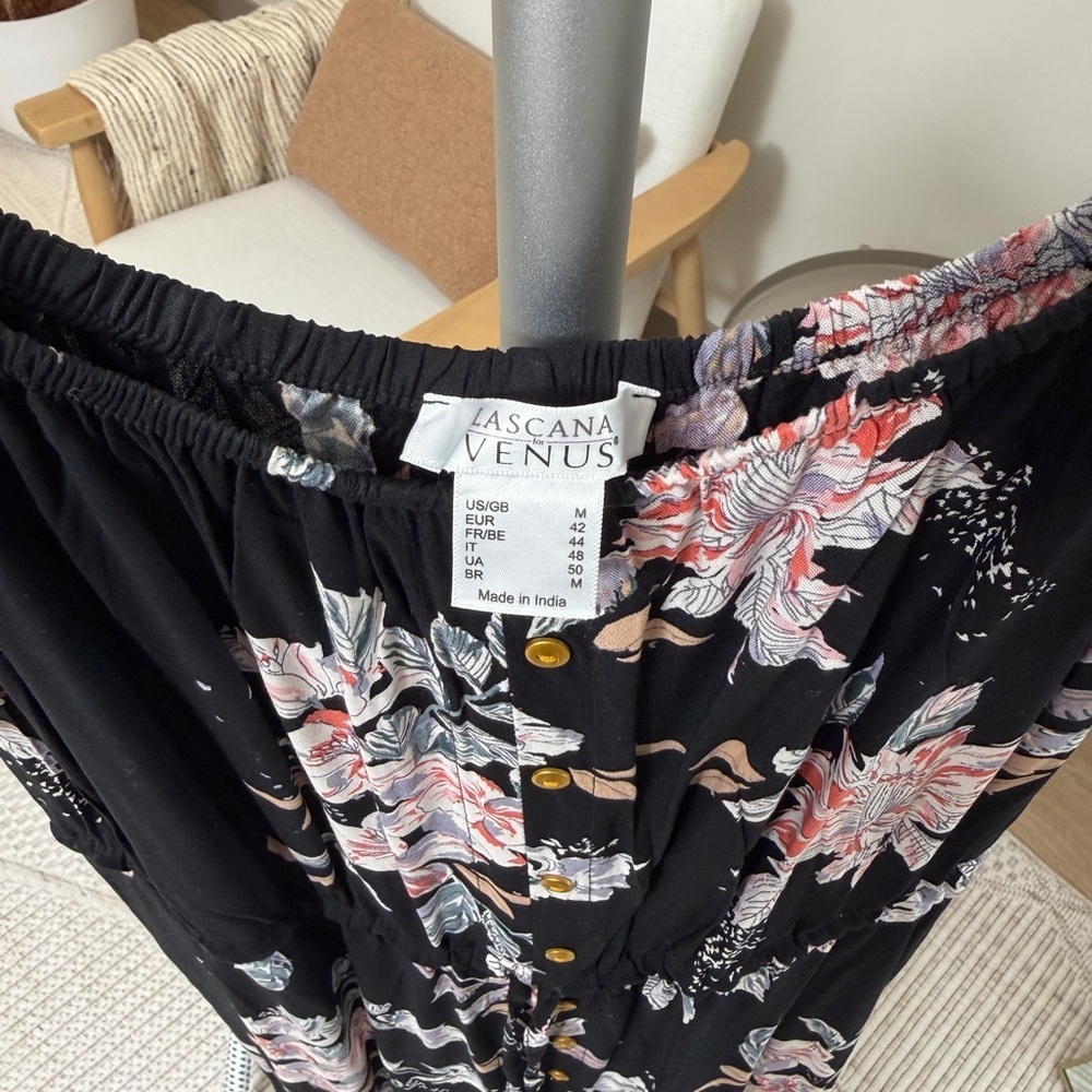 Women’s | Black Floral Off Shoulder Midi Dress Button Front | Size Medium - Picture 9 of 9
